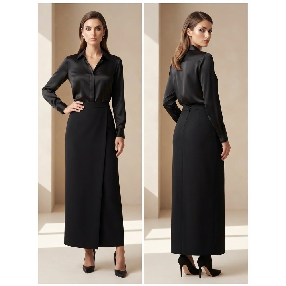 Kasper ASL Petite Black Wool Maxi Skirt Mock Wrap High Waist Career Size 8P
